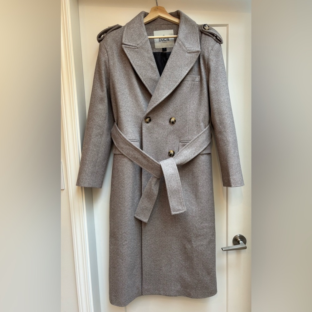 DUCIE Herringbone Wool Blend Belted Coat - Authentic